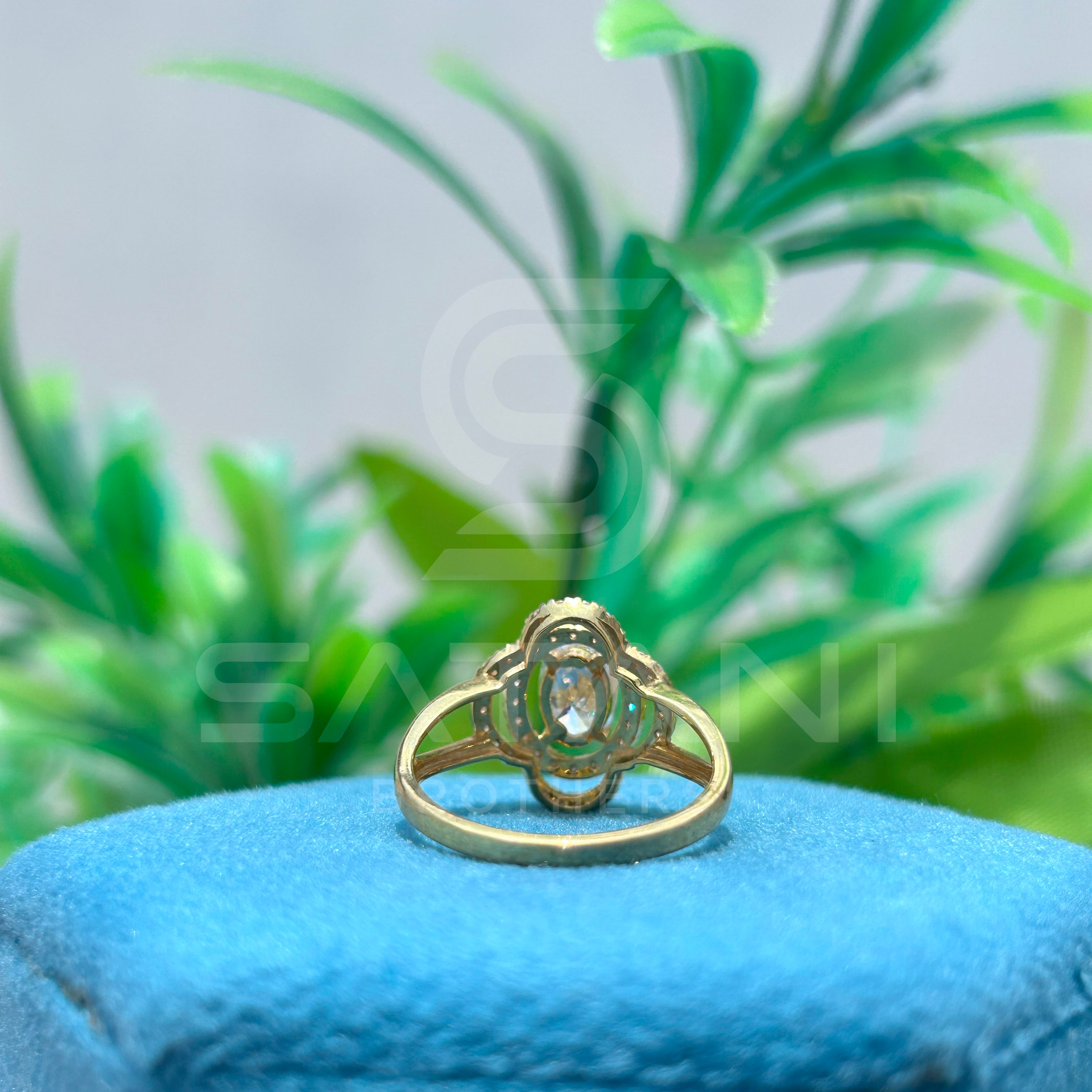 Oval Cut Moissanite Halo Engagement Ring – Double Halo Split Shank Vintage Style Moissanite Jewellery in Yellow Gold, Elegant Bridal Ring by Satani Brothers