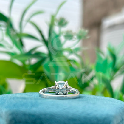 Cushion Cut Diamond Engagement Ring with Baguette Side Stones | 925 Silver Solitaire Ring | Classic Three Stone Diamond Ring for Women