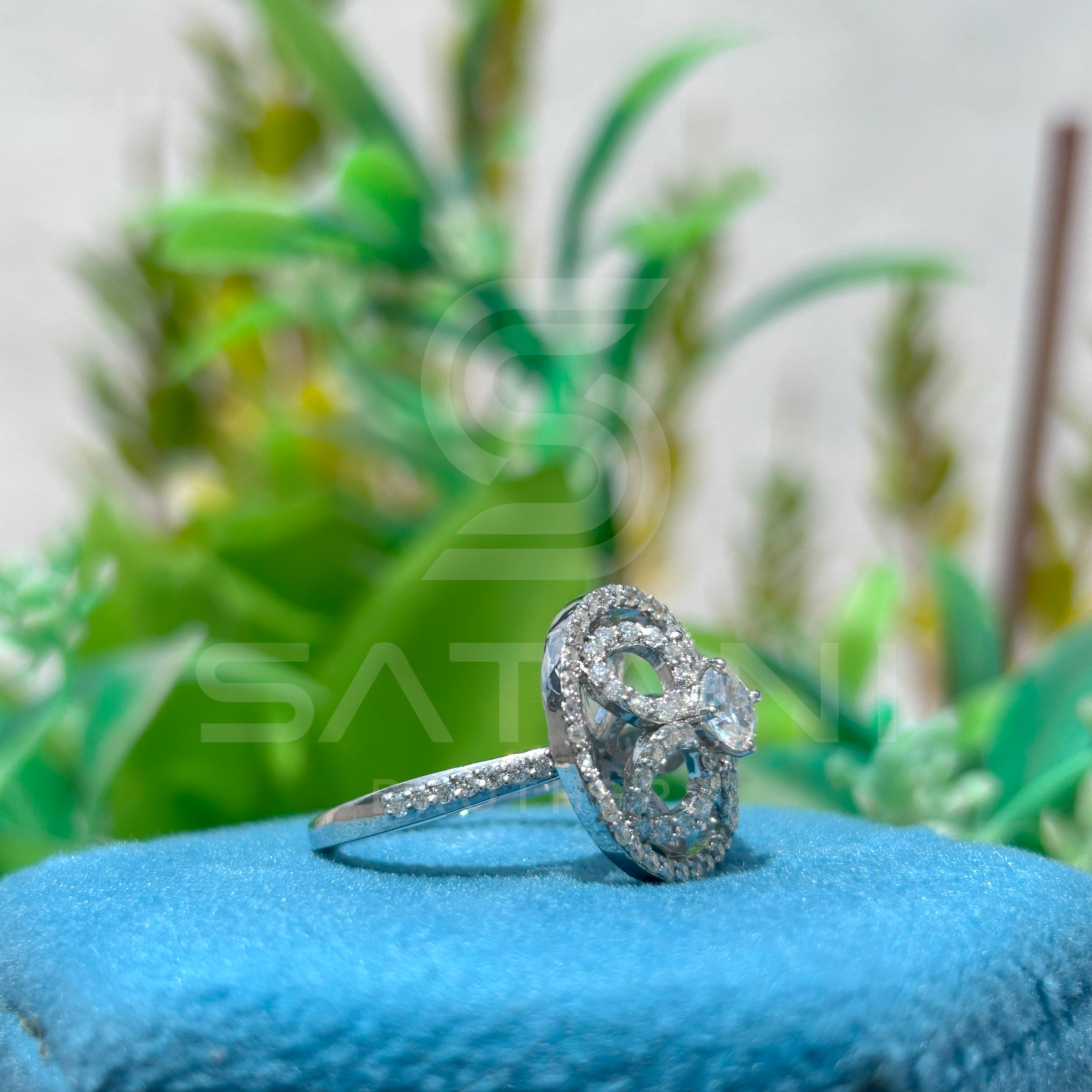 Floral Wheel Moissanite Statement Ring | Designer Round Cut Cocktail Ring in 925 Silver | Bold Geometric Halo Ring | Satani Brothers Jewelry