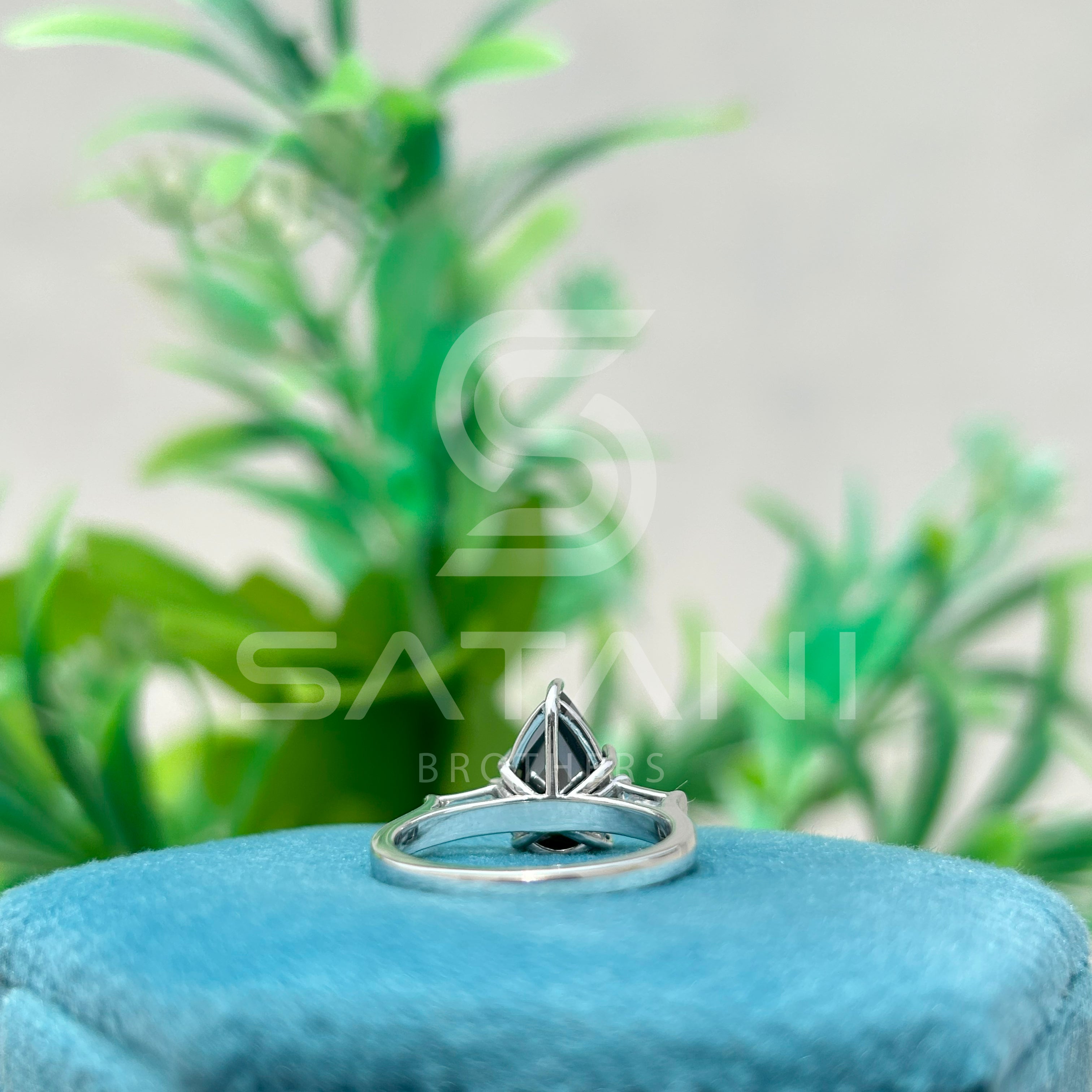 Pear Shape Black Diamond Three Stone Engagement Ring with Baguette Side Stones