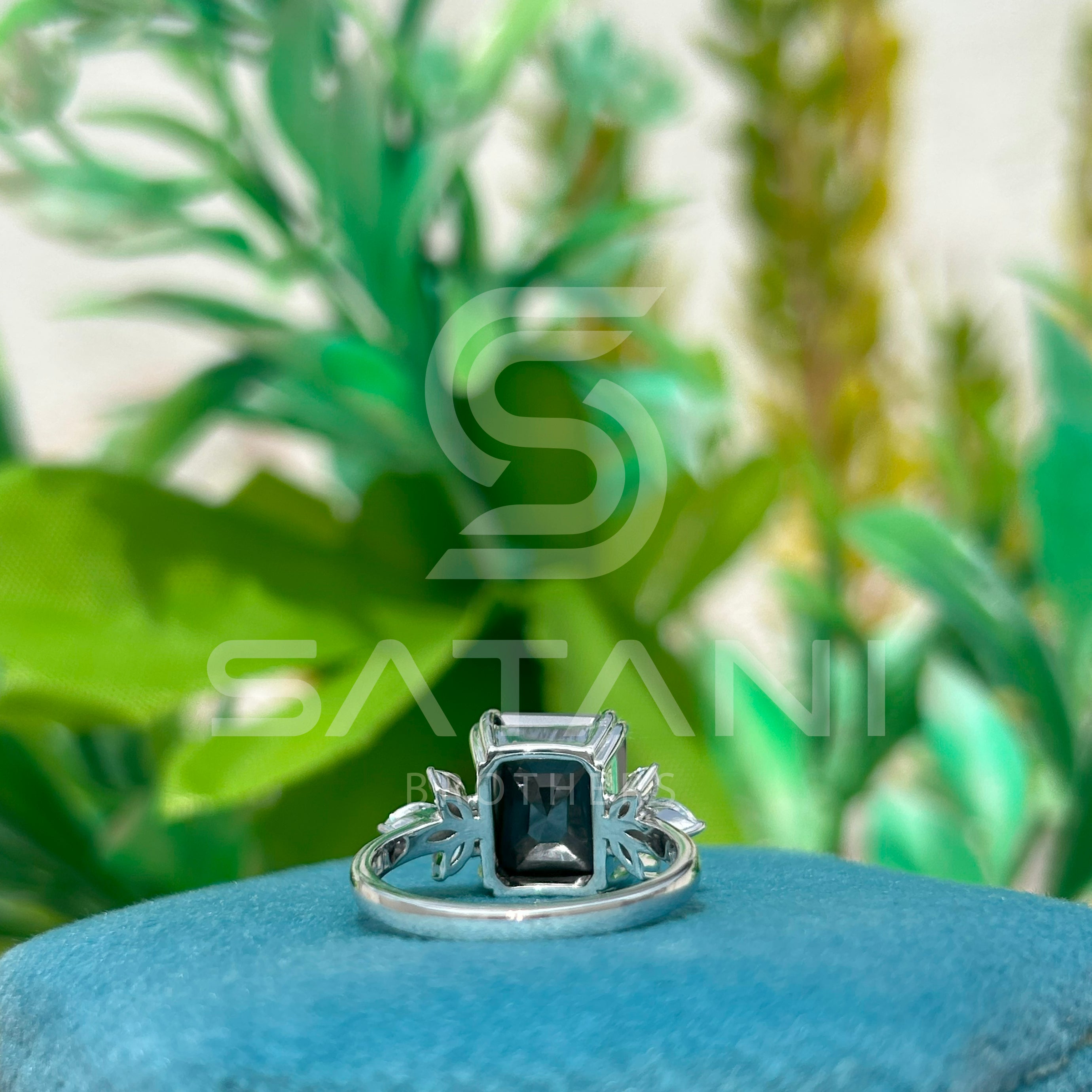 Emerald Cut Black Moissanite Engagement Ring – Unique Floral Leaf Accent Moissanite Jewellery in White Gold, Modern Statement Ring by Satani Brothers