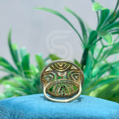 Moissanite Diamond Round Dome Cocktail Ring | 14K Gold Statement Ring | Designer Art Deco Spiral Ring | Satani Brothers Fine Jewelry