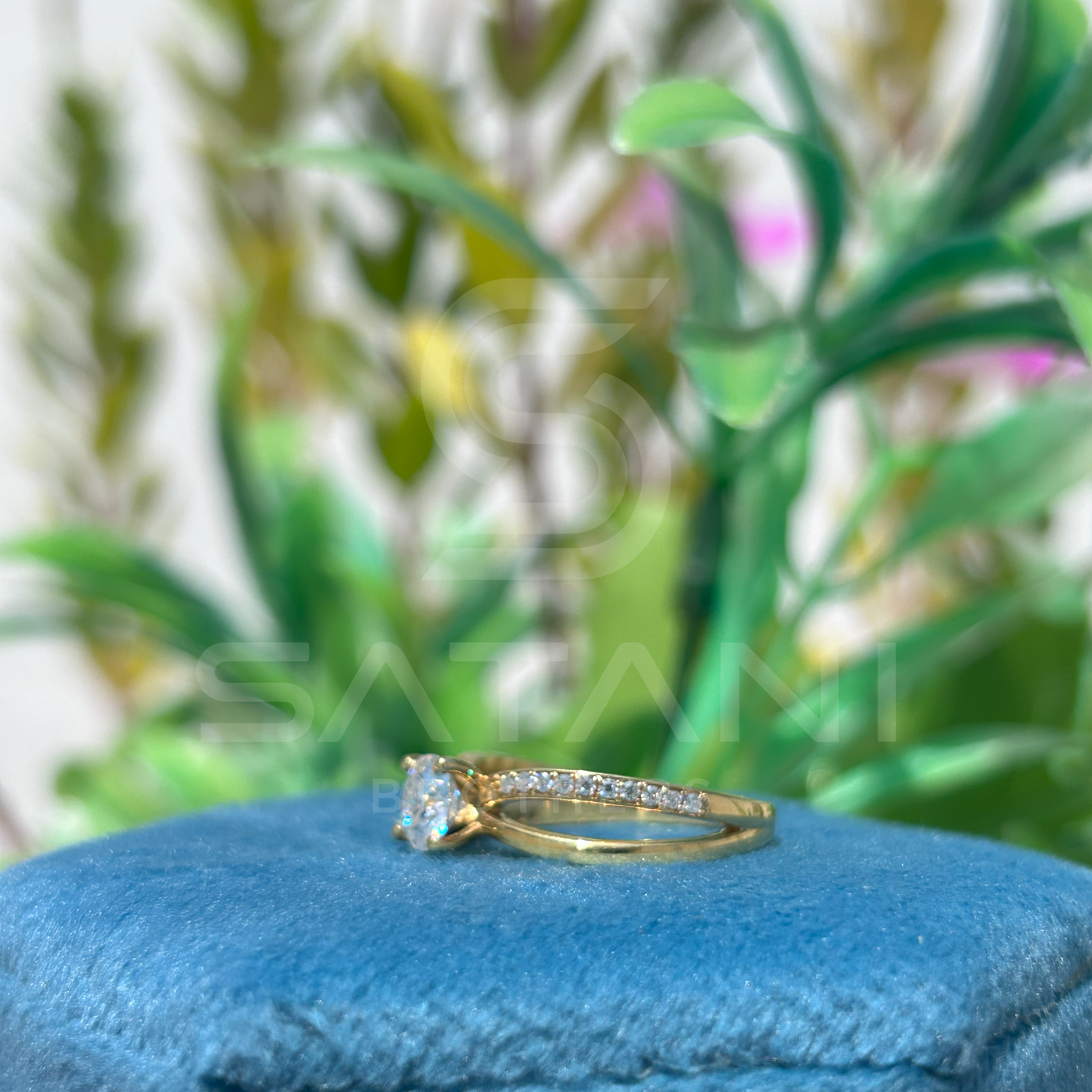 Gold Moissanite Engagement Ring | Round Cut Solitaire with Pave Band | Dainty Split Shank Ring | Minimalist Promise Ring | 925 Gold Plated Silver
