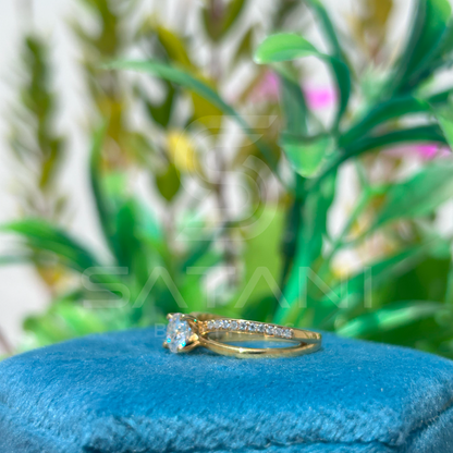 Gold Moissanite Engagement Ring | Round Cut Solitaire with Pave Band | Dainty Split Shank Ring | Minimalist Promise Ring | 925 Gold Plated Silver