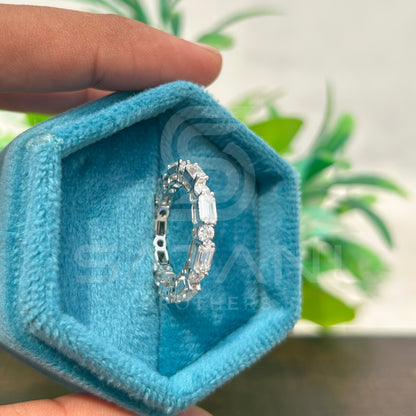 Baguette and Round Moissanite Eternity Band | Dainty Stacking Wedding Ring | Sterling Silver Anniversary Band | Modern Bridal Jewelry