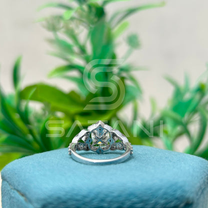Cushion Cut Moissanite Engagement Ring 6.5mm Center with Round & Princess Side Stones | 10K White Gold Vintage Halo Bridal Ring