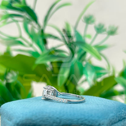14K White Gold Moissanite Engagement Ring | 9mm Round Center Stone with Trillion Side Stones & Pave Band | Classic Three Stone Ring