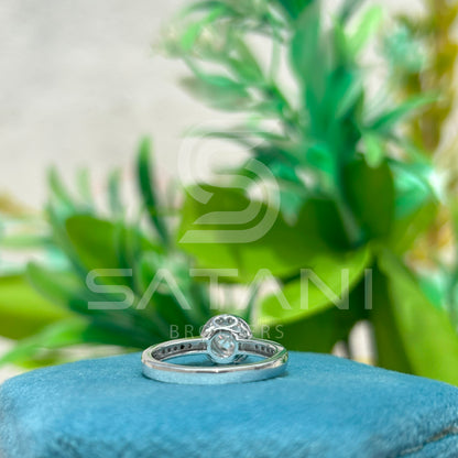 Moissanite Halo Engagement Ring – Round Cut Solitaire with Pave Band, Classic Diamond Alternative Bridal Ring, White Gold