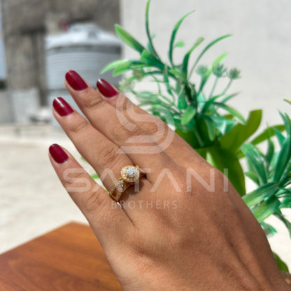 "Gold Moissanite Engagement Ring – Round Cut Solitaire with Halo and Split Shank Pave Band, Unique Diamond Alternative Bridal Ring"