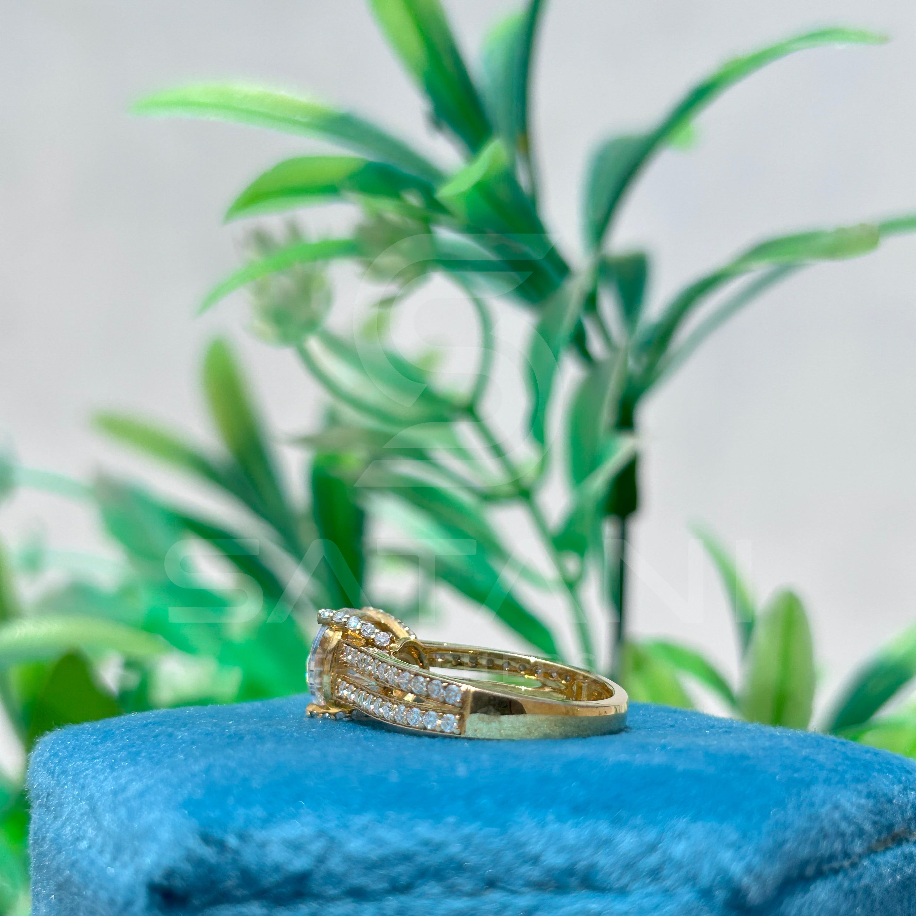 Round Brilliant Cut Diamond Engagement Ring with Double Pave Band in Yellow Gold