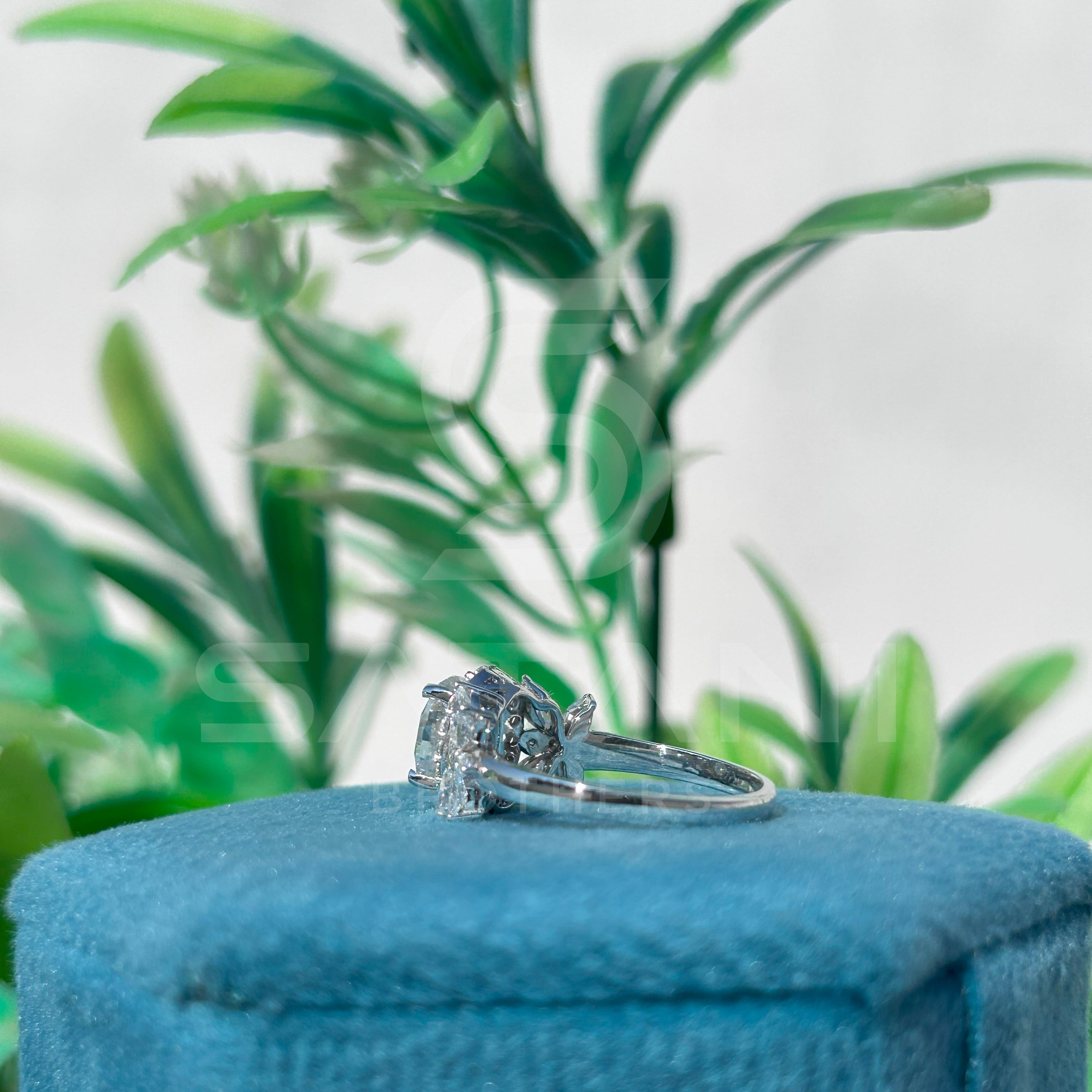 Oval Moissanite Floral Halo Engagement Ring – Marquise Petal Accents on Classic Shank