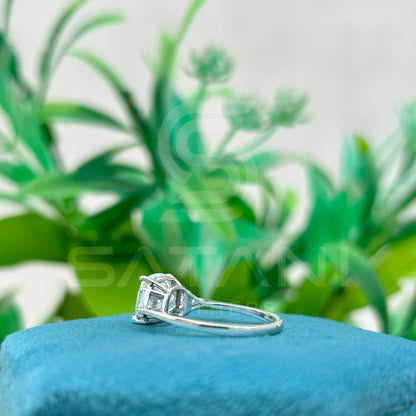 Cushion Cut Moissanite Engagement Ring with Triangle Side Stones | Three Stone Bridal Ring in White Gold