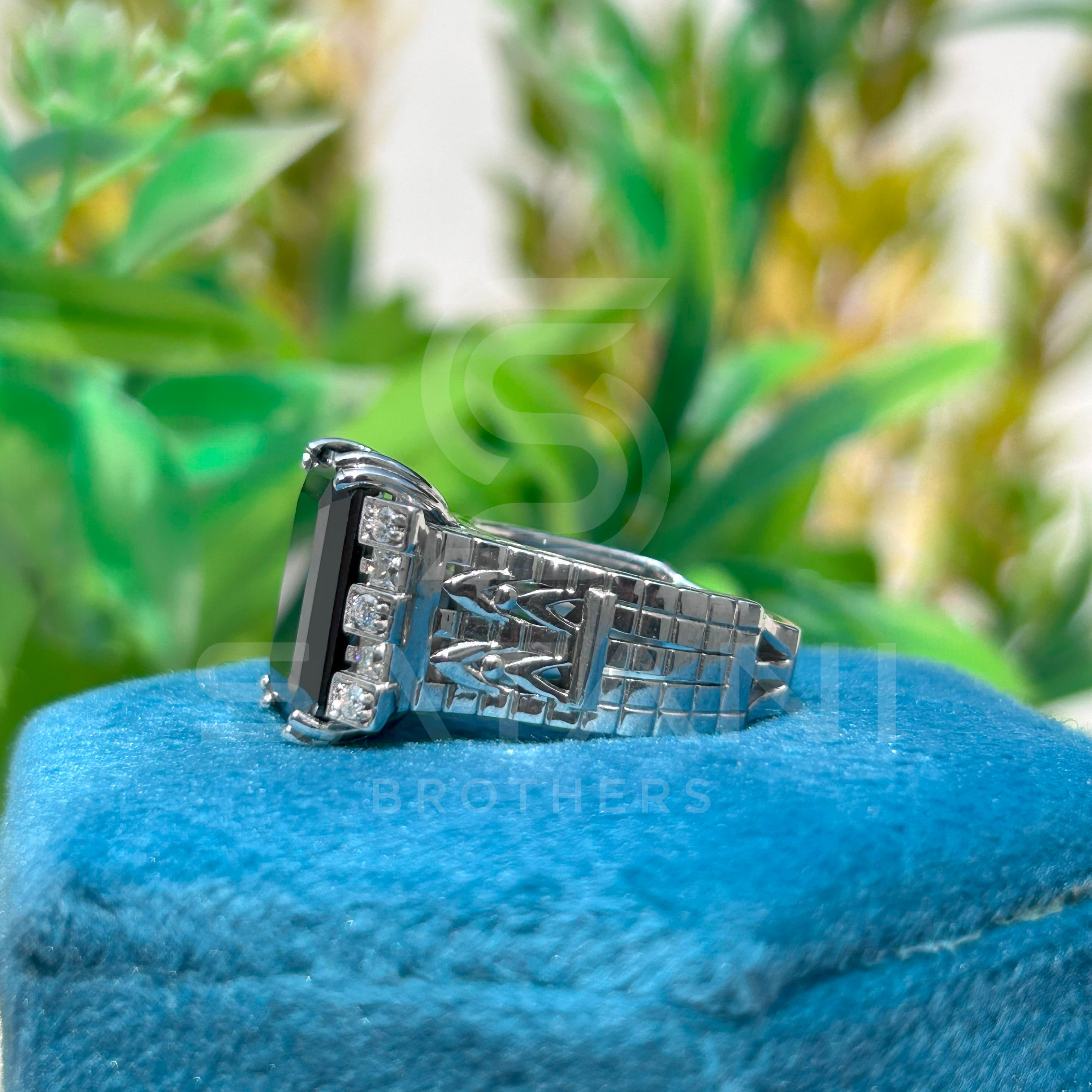 Men’s Black Onyx Emerald Cut Ring – Vintage Art Deco Statement Ring with Side Stones