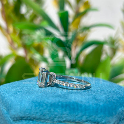 Emerald Cut Moissanite Engagement Ring | Solitaire Ring with Diamond Accent Band | Minimalist Proposal Ring | Modern Bridal Jewelry