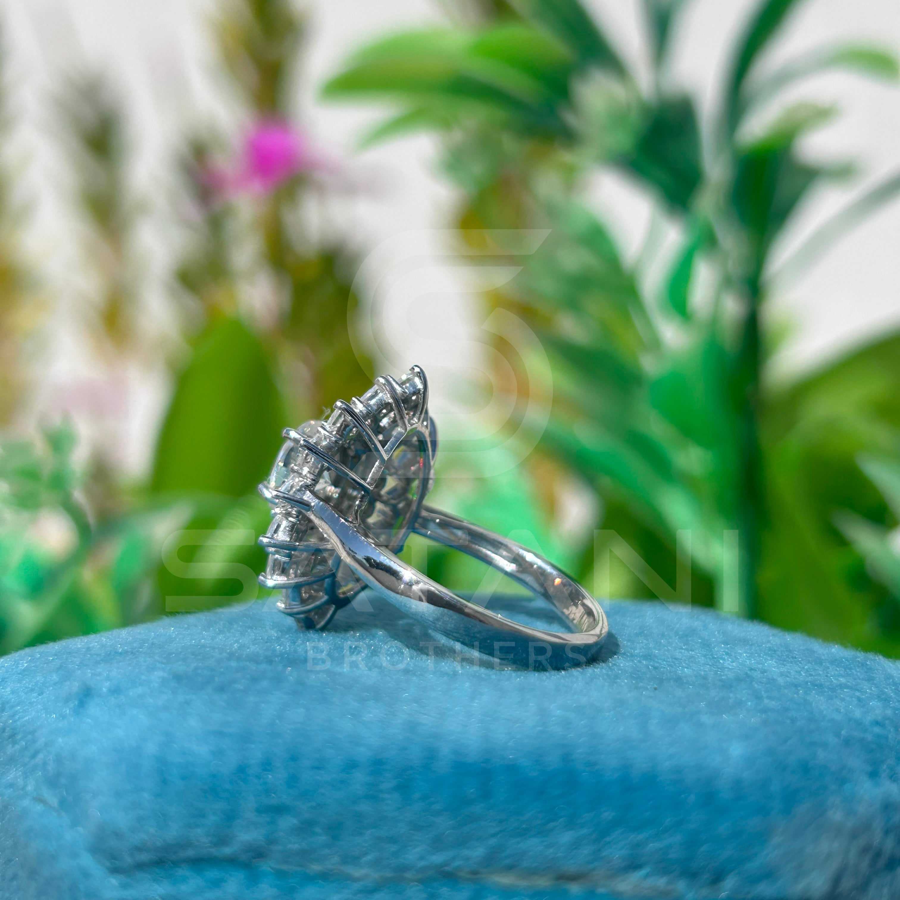 Floral Halo Moissanite Ring | Oval Center with Round & Princess Accents | Regal Engagement or Party Ring