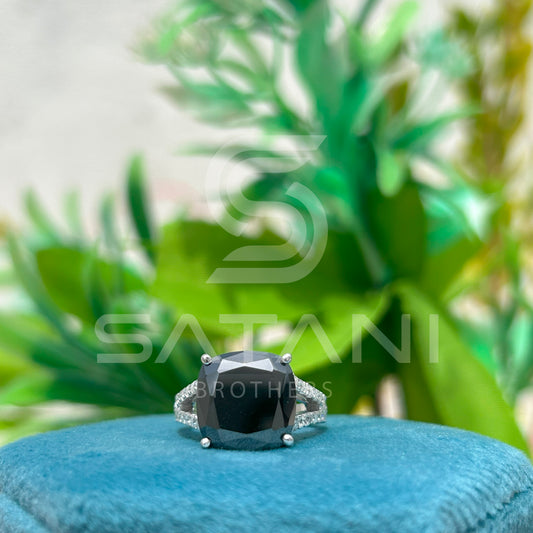 Cushion Cut Black Moissanite Engagement Ring – 12mm Center Stone with Split Shank, 14K White Gold Vintage Inspired Statement Ring
