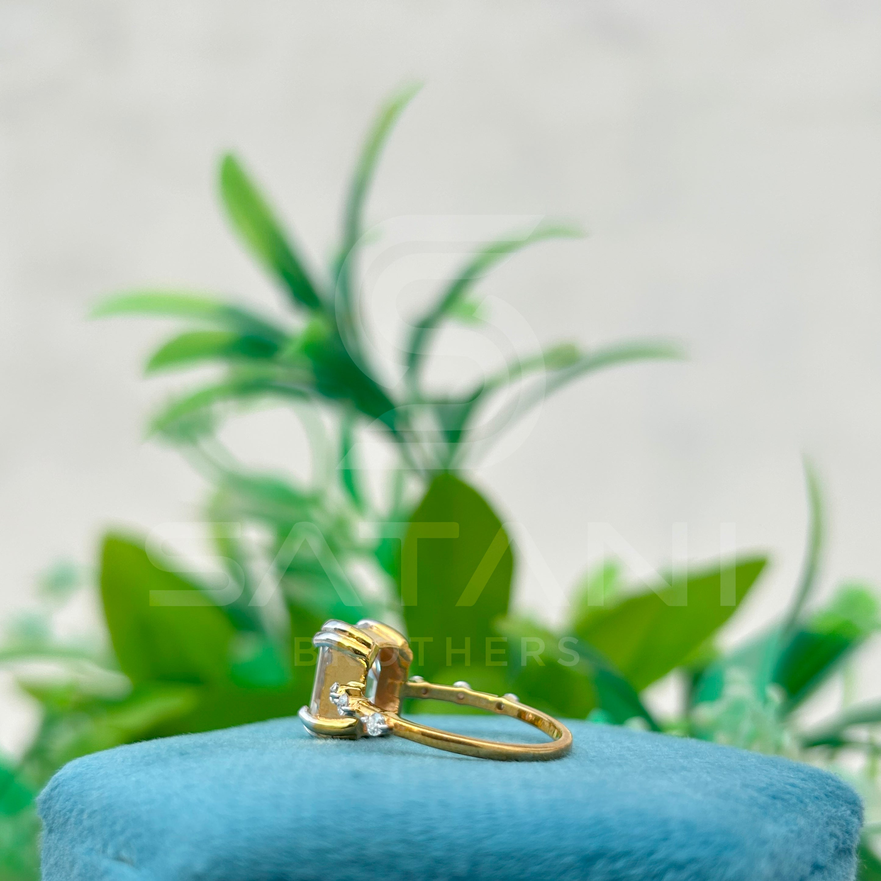Emerald Cut Moissanite Ring with Side Accents | Two-Tone Yellow Gold & Silver Engagement Ring | Unique Vintage-Inspired Bridal Ring