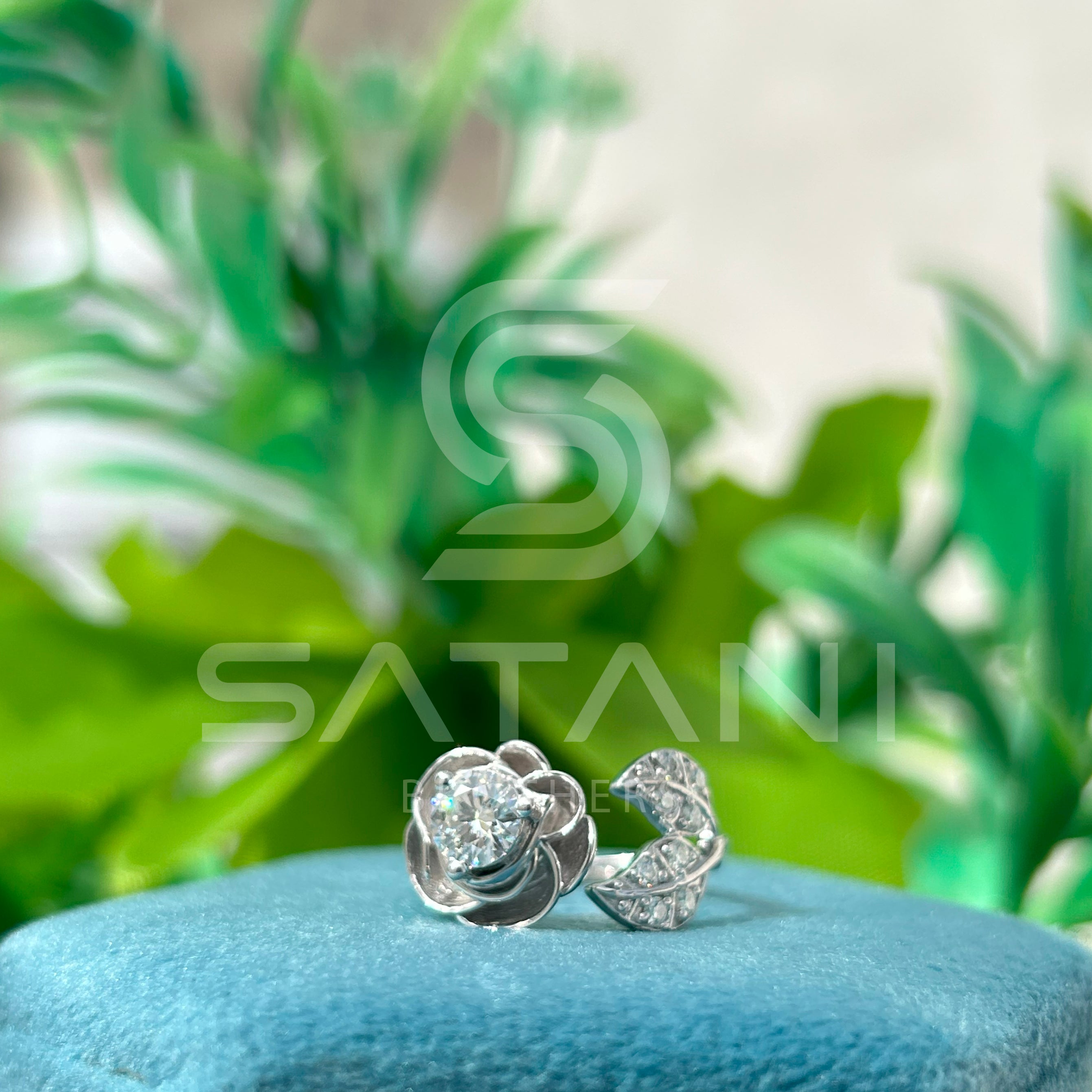 "Floral Bypass Diamond Ring – Adjustable Petal Design with Brilliant Round Center Stone"