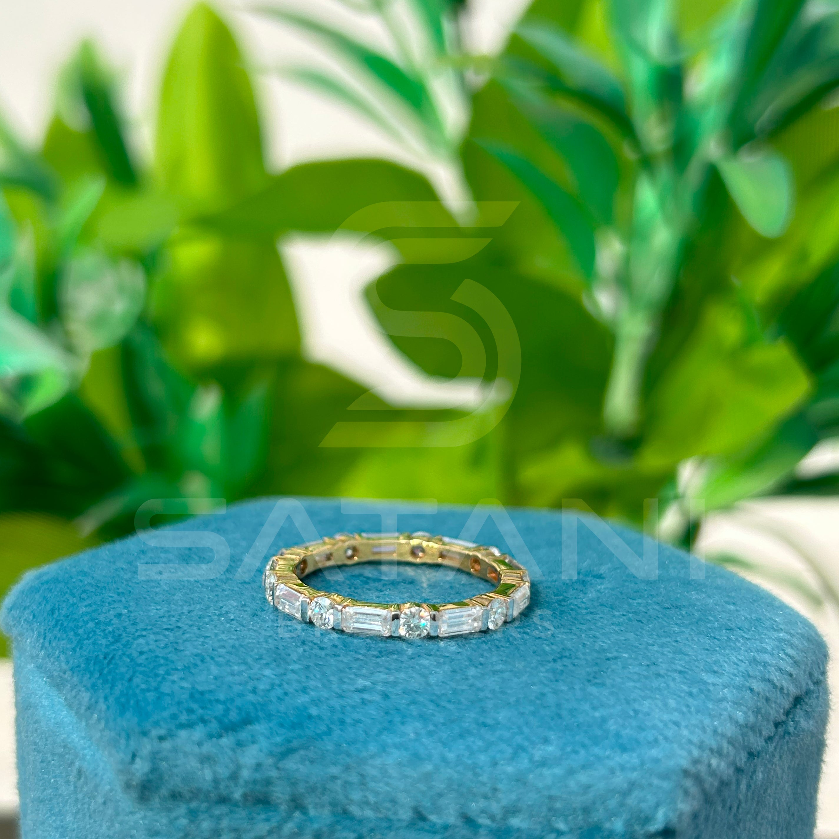 “Gold Eternity Band with Round & Emerald Cut Diamonds – Dainty Full Eternity Ring, Unique Stacking Band, Anniversary or Wedding Ring”