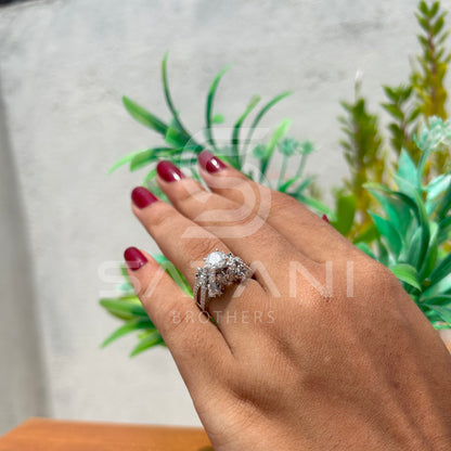 14K White Gold Unique Cluster Engagement Ring with Round Brilliant Cut Diamond & Pave Split Shank