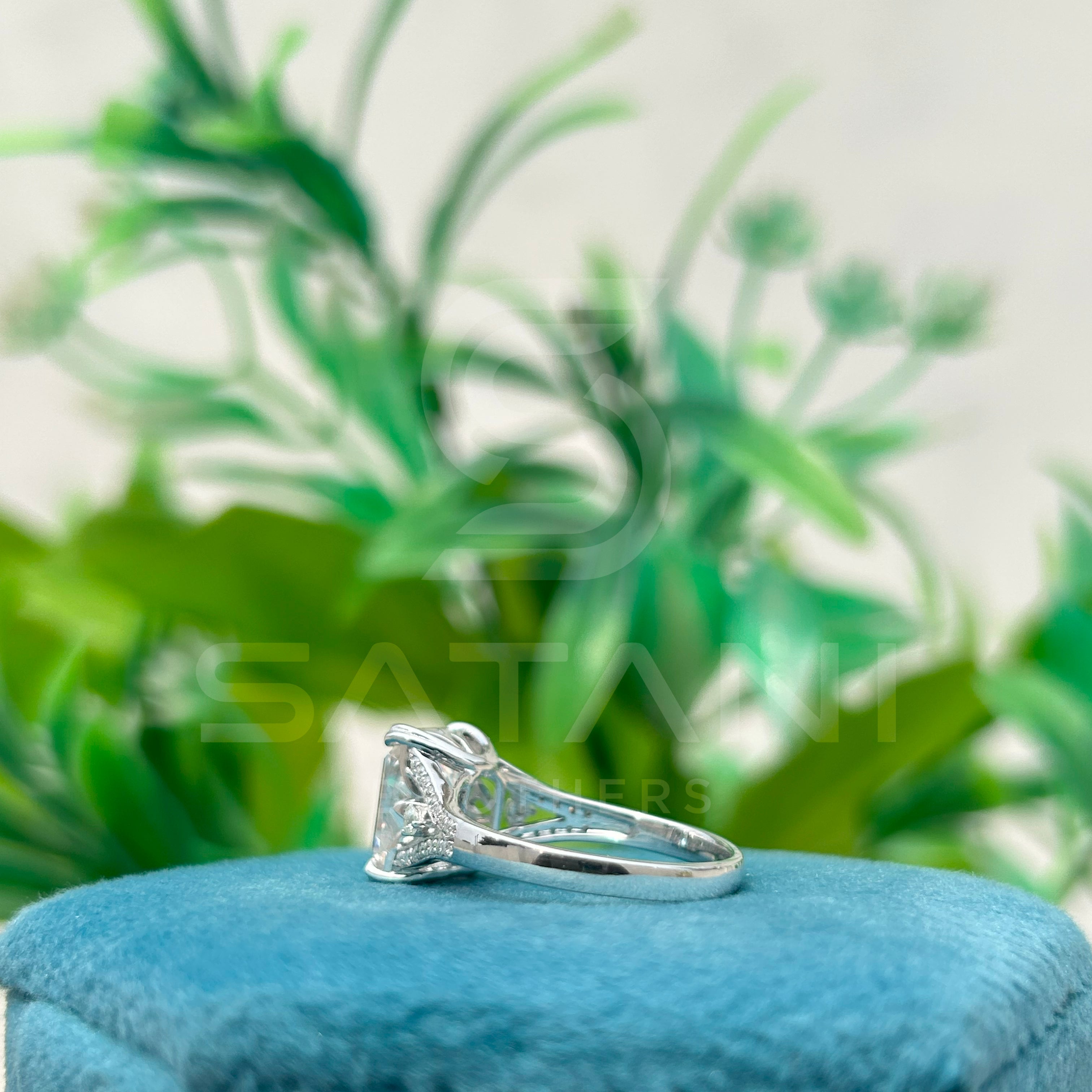 "Emerald Cut Moissanite Engagement Ring with Side Accents in Sterling Silver"