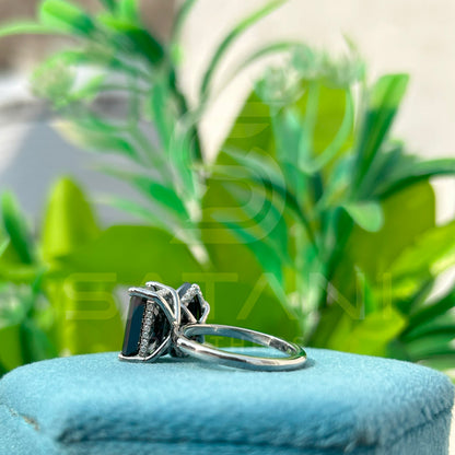 Elegant Black Diamond Solitaire Ring – Emerald & Marquise Cut, 925 Sterling Silver Engagement Ring, Unique Minimalist Jewelry Gift for He