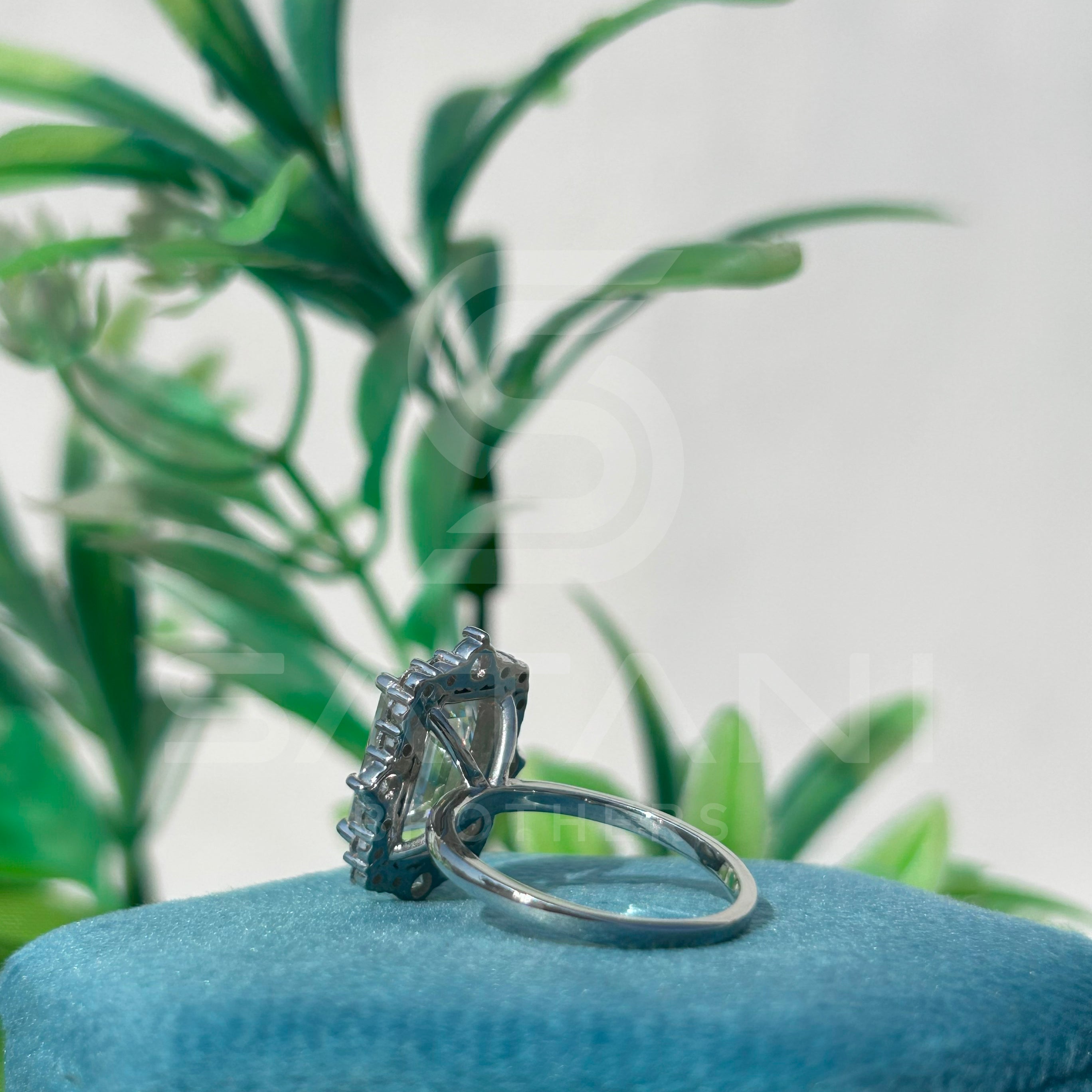 Emerald Cut Moissanite Halo Engagement Ring – Vintage Inspired Moissanite Jewellery in White Gold, Bridal Statement Ring by Satani Brothers
