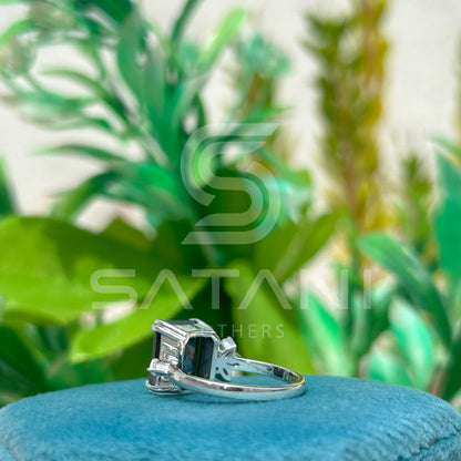 Emerald Cut Black Moissanite Engagement Ring – Unique Floral Leaf Accent Moissanite Jewellery in White Gold, Modern Statement Ring by Satani Brothers