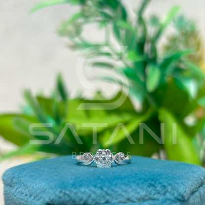 White Gold Diamond Cluster Ring with Twisted Shoulder Design – Elegant & Timeless