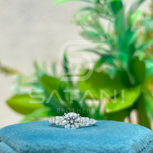 Five Stone Moissanite Engagement Ring | 14K White Gold | Round Center with Princess & Pear Side Stones | Unique Bridal Ring