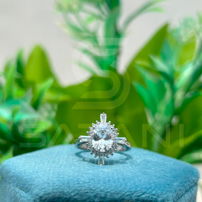 Radiant Sunburst Moissanite Engagement Ring | Starburst Halo Ring with Round Center Stone | Art Deco Inspired Statement Ring | Bridal Jewelry