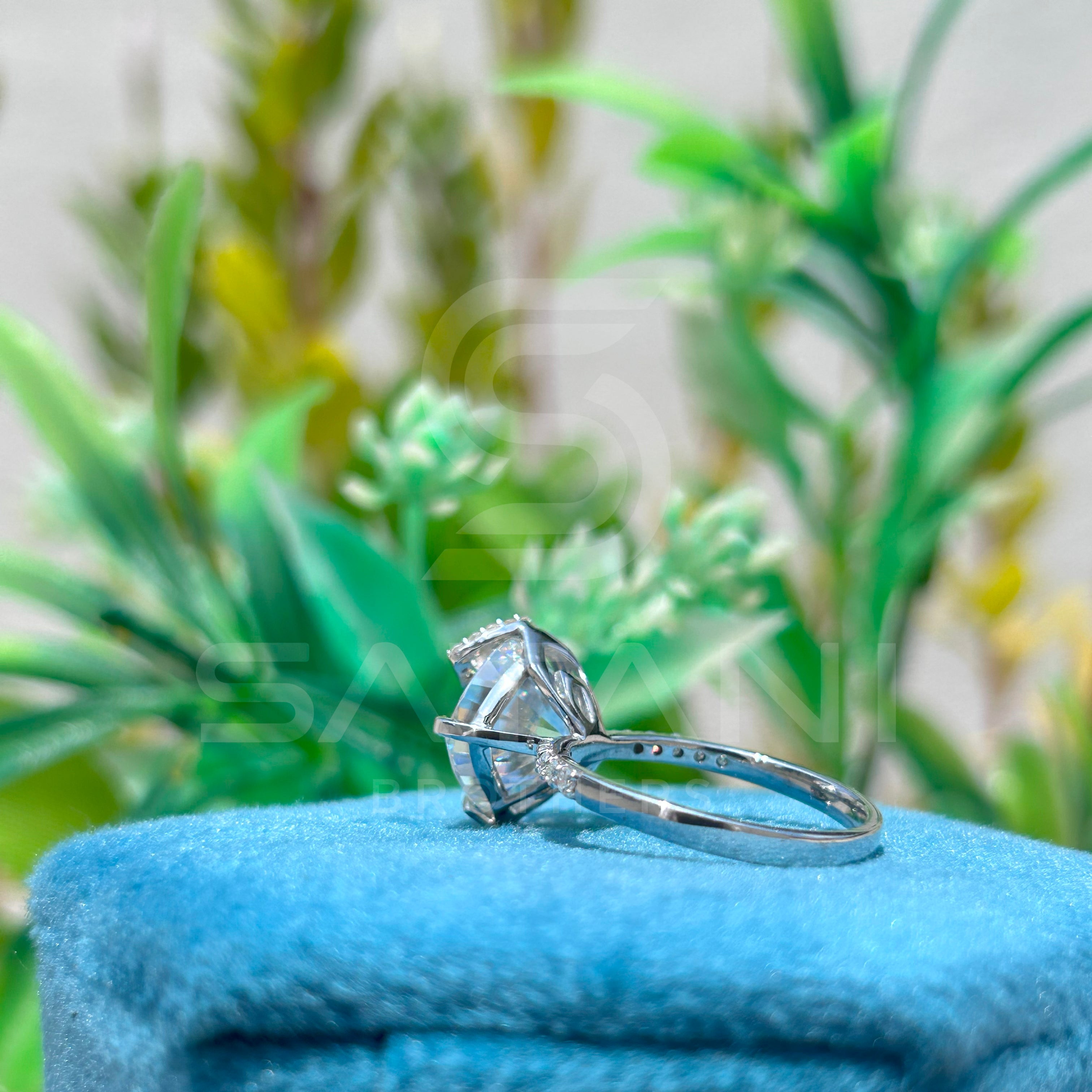 Cushion Cut Diamond Engagement Ring – 10x10mm Solitaire with Pave Band, Elegant Bridal Ring