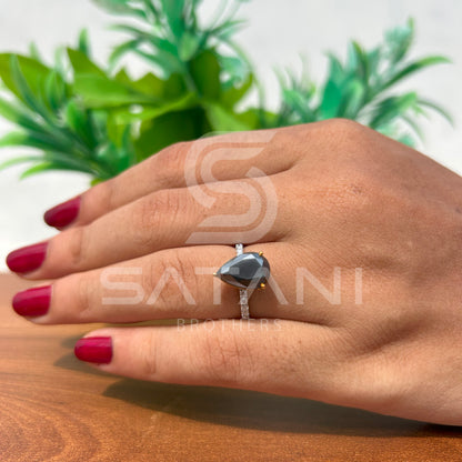 “Pear Shape Black Diamond Engagement Ring with Pave Band”