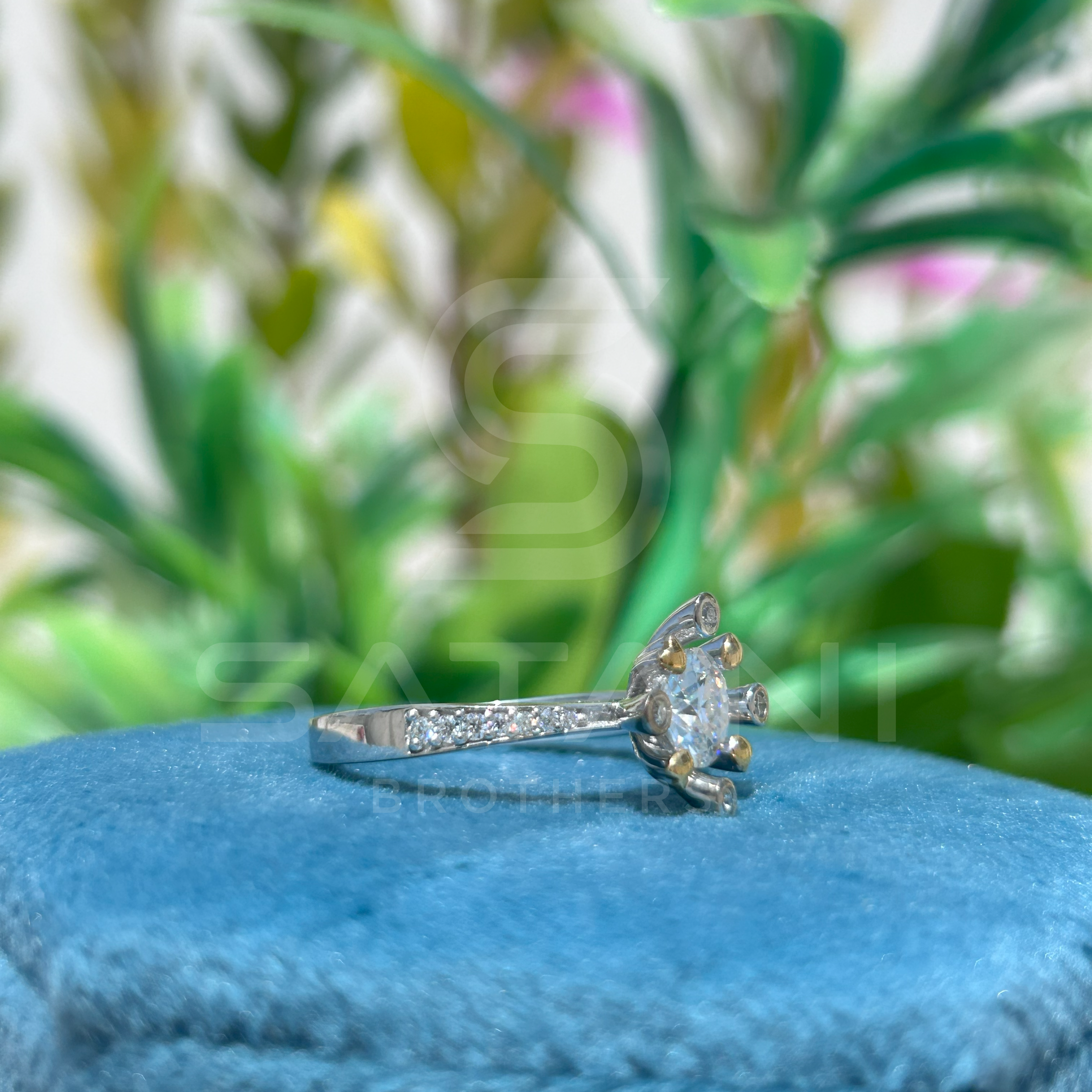 Modern Starburst Moissanite Ring | Two-Tone 925 Silver & Gold Accent Ring | Unique Celestial Engagement Ring | Satani Brothers Jewelry