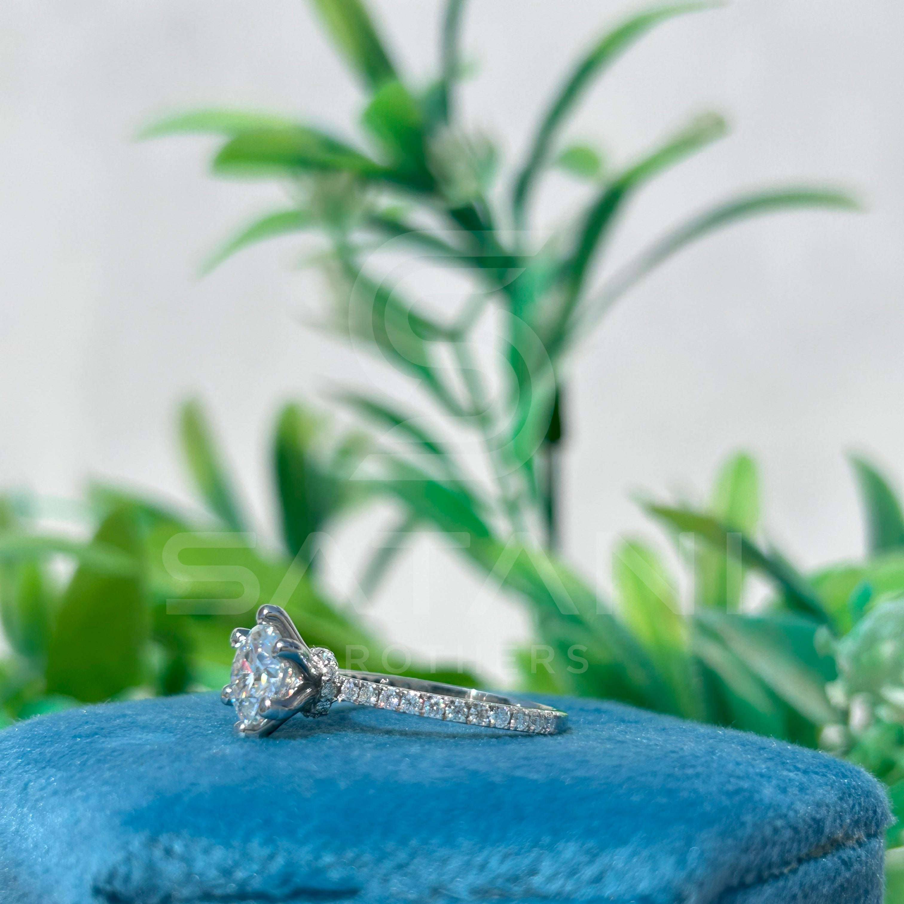 Classic Moissanite Solitaire Engagement Ring | 6-Prong Round Cut with Pave Band | Dainty Sparkling Proposal Ring | Timeless Bridal Jewelry