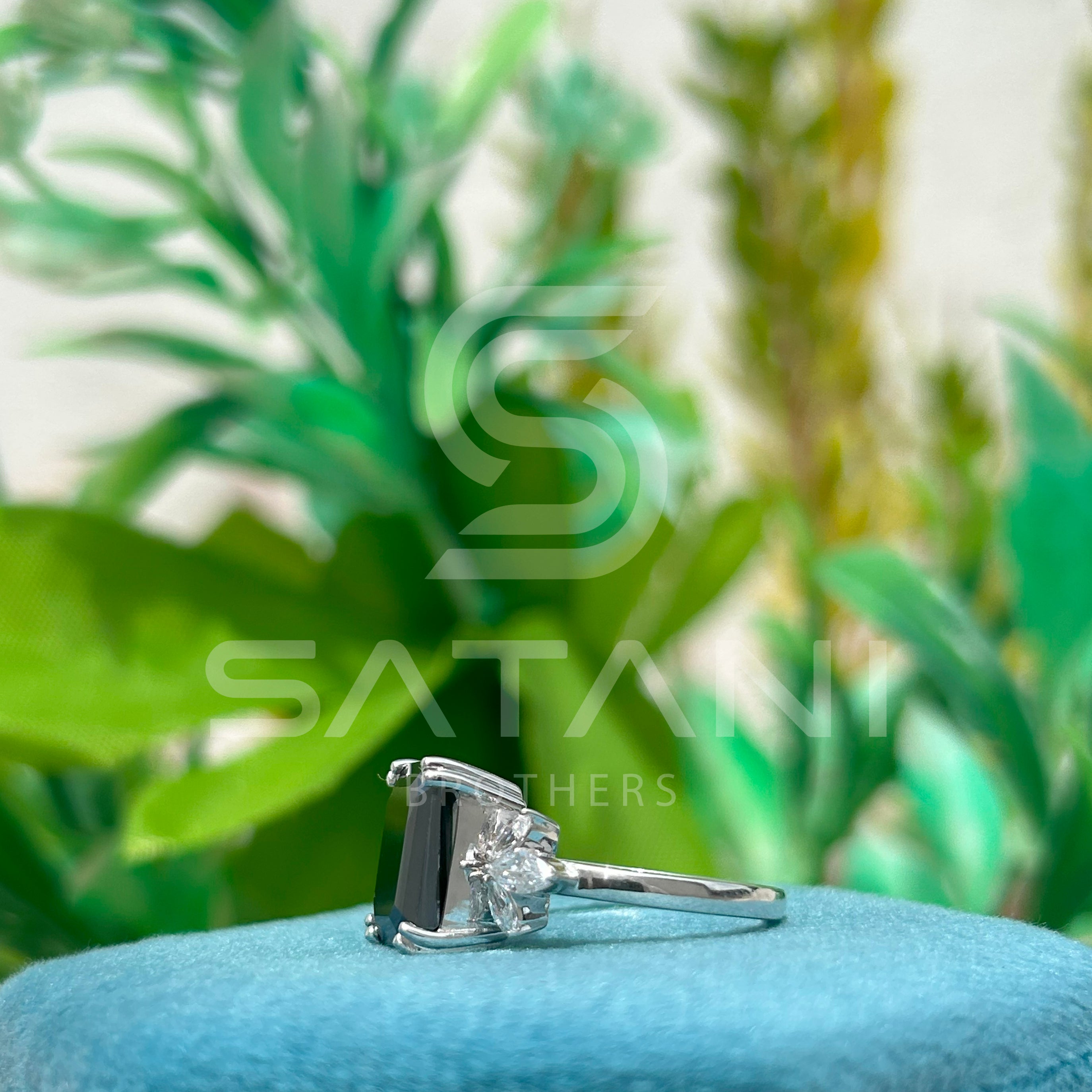 Emerald Cut Black Moissanite Engagement Ring – Unique Floral Leaf Accent Moissanite Jewellery in White Gold, Modern Statement Ring by Satani Brothers