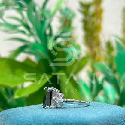 Emerald Cut Black Moissanite Engagement Ring – Unique Floral Leaf Accent Moissanite Jewellery in White Gold, Modern Statement Ring by Satani Brothers