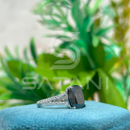 Cushion Cut Black Moissanite Engagement Ring – 12mm Center Stone with Split Shank, 14K White Gold Vintage Inspired Statement Ring