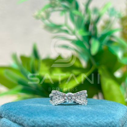 Moissanite Bow Engagement Ring – Round Cut Solitaire with Pave Diamond Accents, Unique Ribbon Design Bridal Ring, White Gold/Platinum"