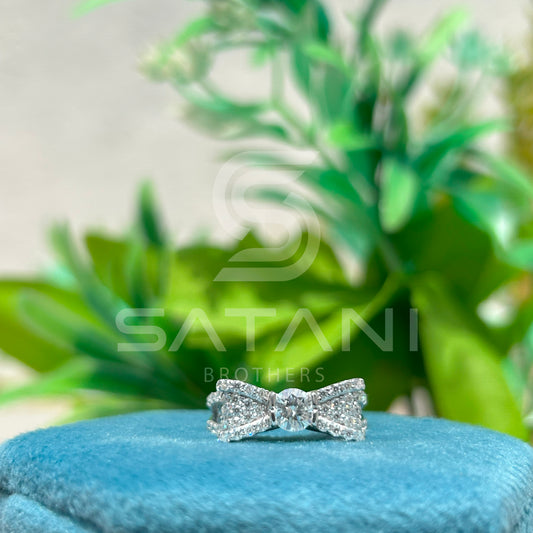 Moissanite Bow Engagement Ring – Round Cut Solitaire with Pave Diamond Accents, Unique Ribbon Design Bridal Ring, White Gold/Platinum"