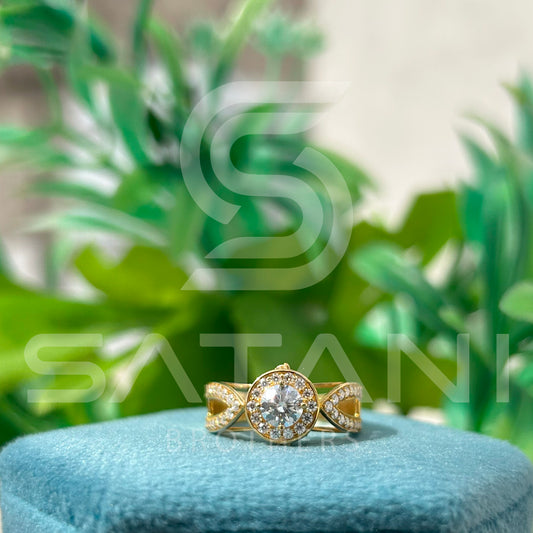 "Gold Moissanite Engagement Ring – Round Cut Solitaire with Halo and Split Shank Pave Band, Unique Diamond Alternative Bridal Ring"