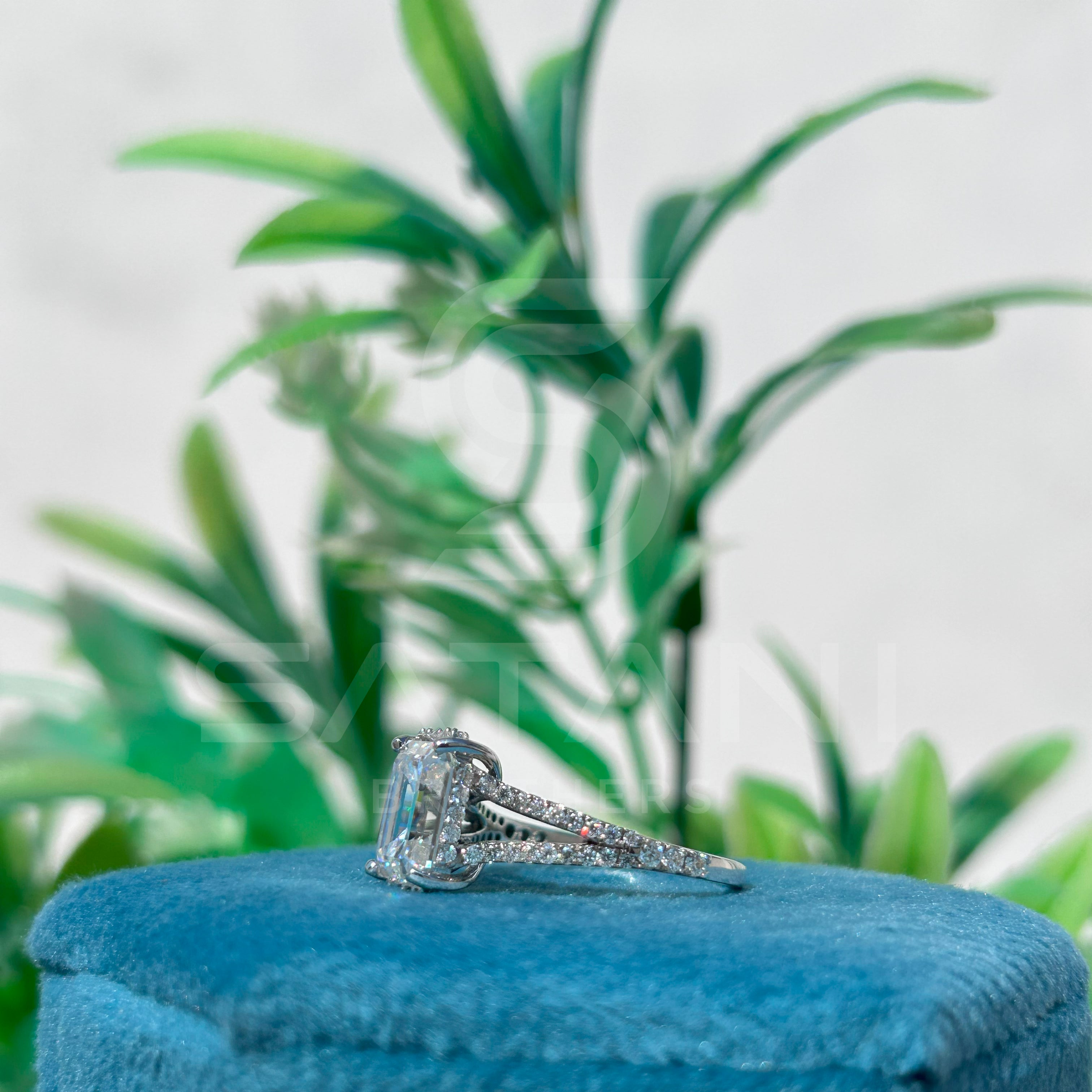 Emerald Cut Moissanite Engagement Ring | Split Shank Pave Band Ring | Three-Stone Bridal Ring | Sterling Silver Proposal Ring