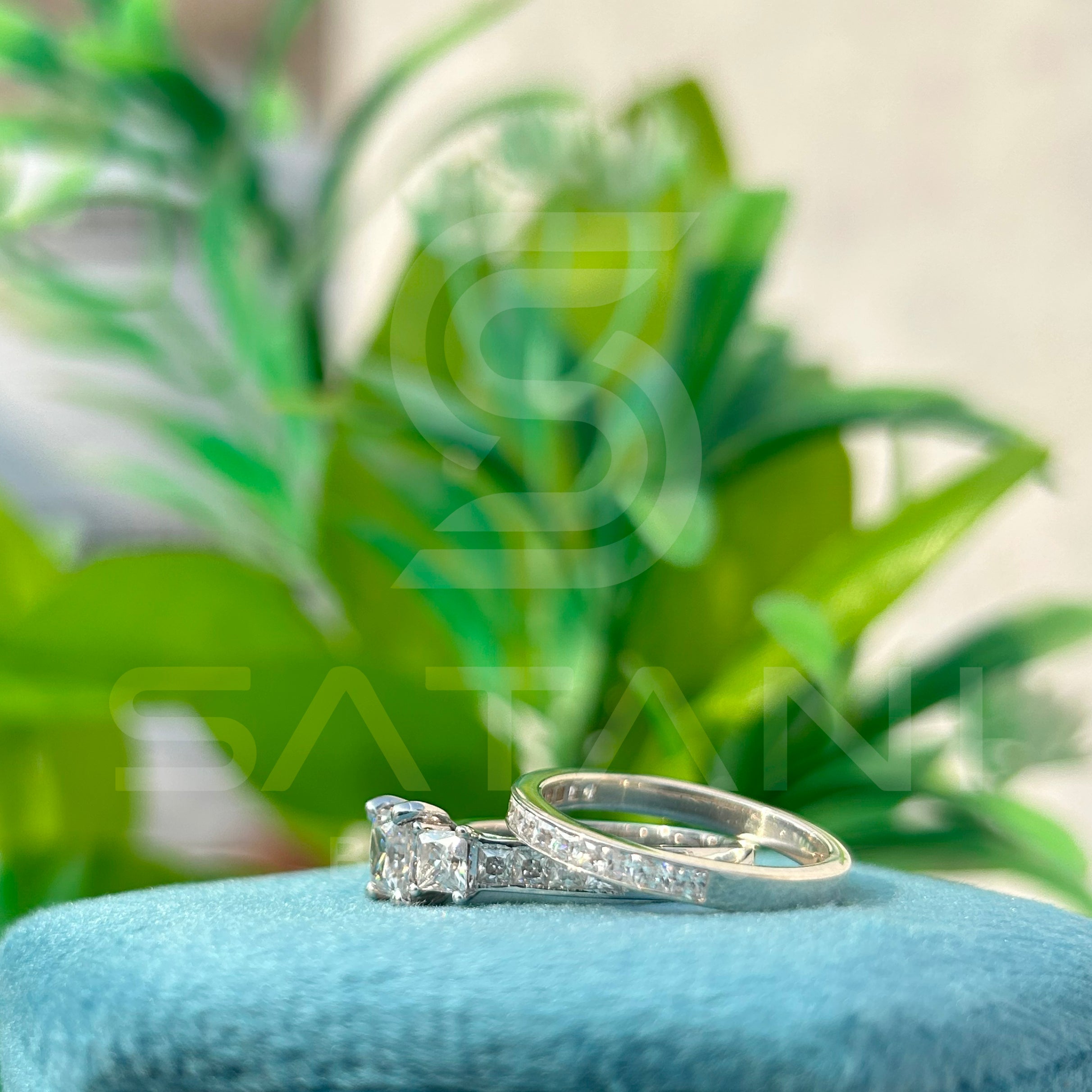 Princess Cut Moissanite Bridal Ring Set – Three Stone Engagement Ring with Matching Eternity Wedding Band, Sterling Silver/White Gold