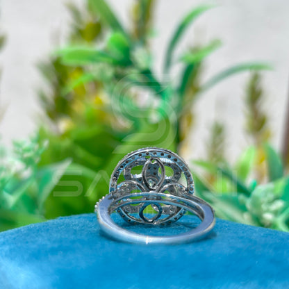 Floral Wheel Moissanite Statement Ring | Designer Round Cut Cocktail Ring in 925 Silver | Bold Geometric Halo Ring | Satani Brothers Jewelry