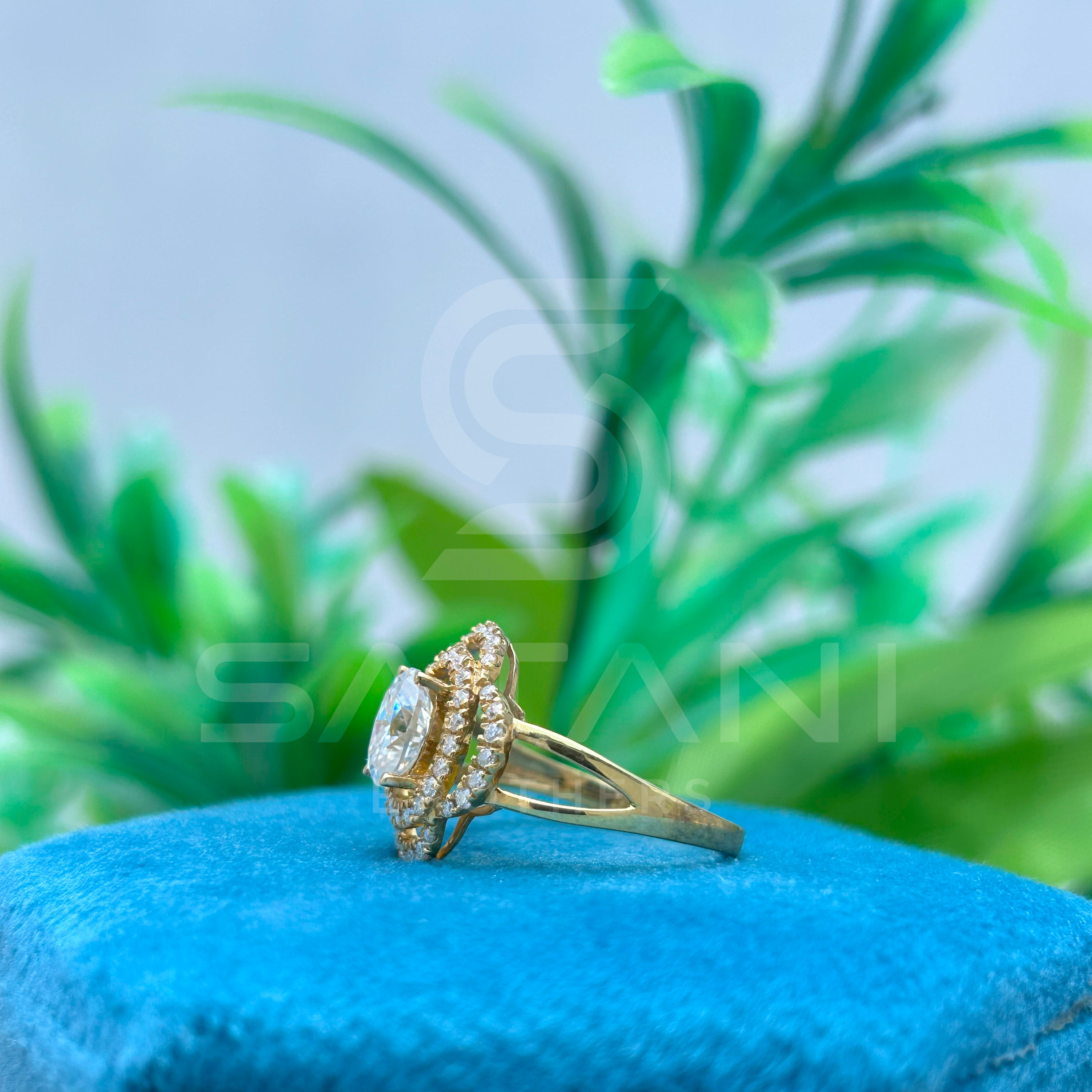 Oval Cut Moissanite Halo Engagement Ring – Double Halo Split Shank Vintage Style Moissanite Jewellery in Yellow Gold, Elegant Bridal Ring by Satani Brothers