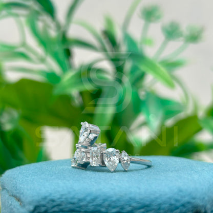 Diamond Band Ring with Emerald, Round, Pear & Marquise Cut Stones | 925 Silver Multi-Shape Diamond Ring | Elegant Anniversary or Wedding Band