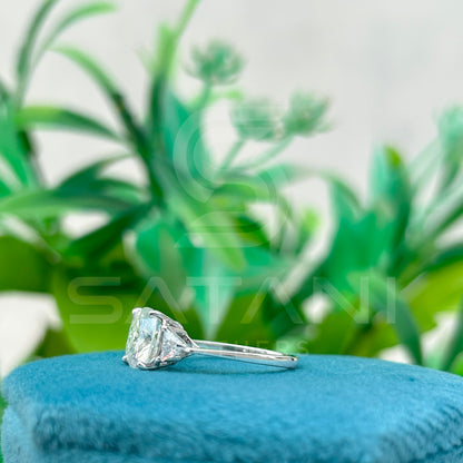 Cushion Cut Moissanite Engagement Ring with Triangle Side Stones | Three Stone Bridal Ring in White Gold