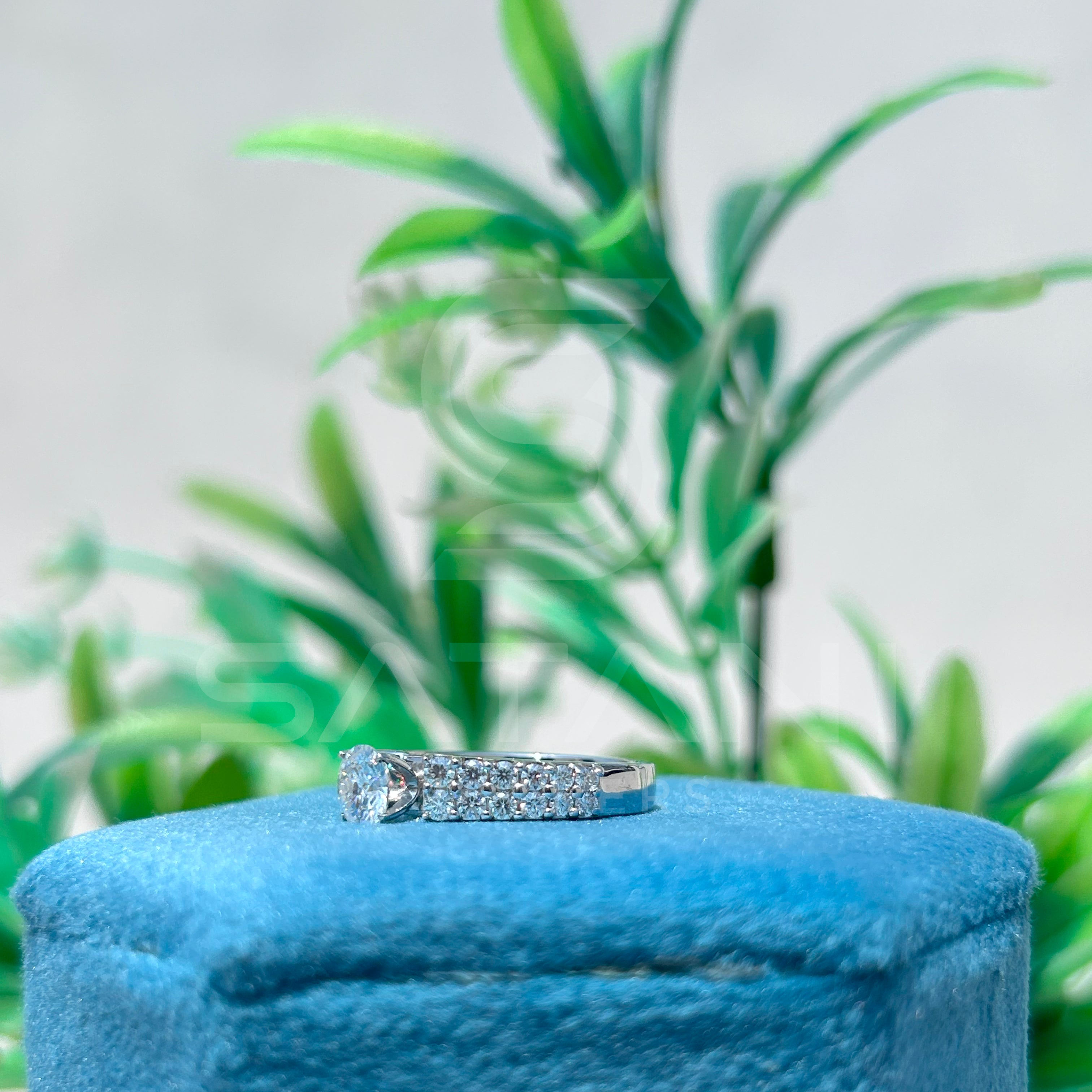 “Round Cut Diamond Engagement Ring – Pave Side Stone Double Row Band, Classic Wedding Jewelry”