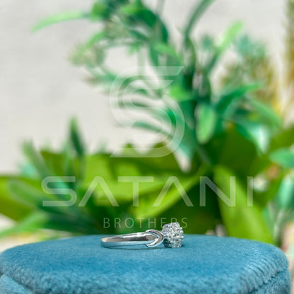 White Gold Diamond Cluster Ring with Twisted Shoulder Design – Elegant & Timeless
