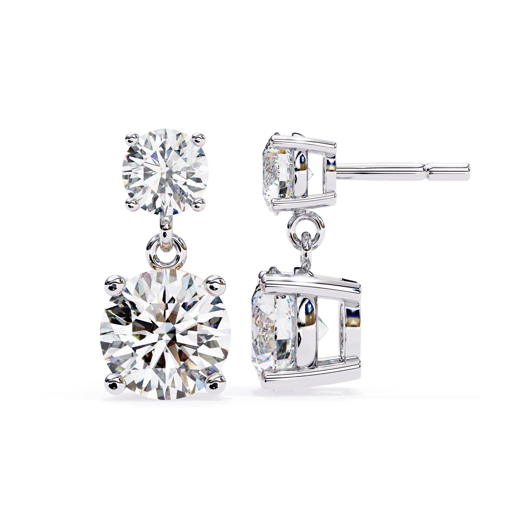 3.7CTW Moissanite Drop Stud Earrings – 7.2mm & 4.8mm Round Stones, Sterling Silver, 2.3g, Brilliant Diamond Alternative